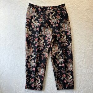 Talbots Pants Women Sz 12 Petite Silk Wool Blend Black Floral Asian Dragon Print